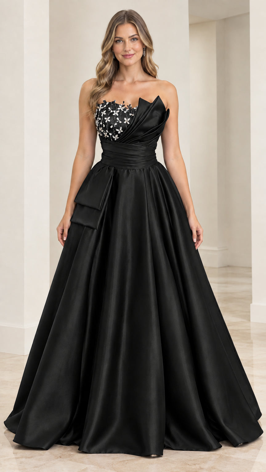 Front view of black strapless crystal beaded satin ball gown