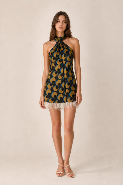 Front view of black color variant geometric halter mini dress