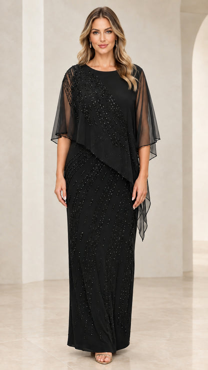 Front view of model wearing Black beaded capelet maxi dress