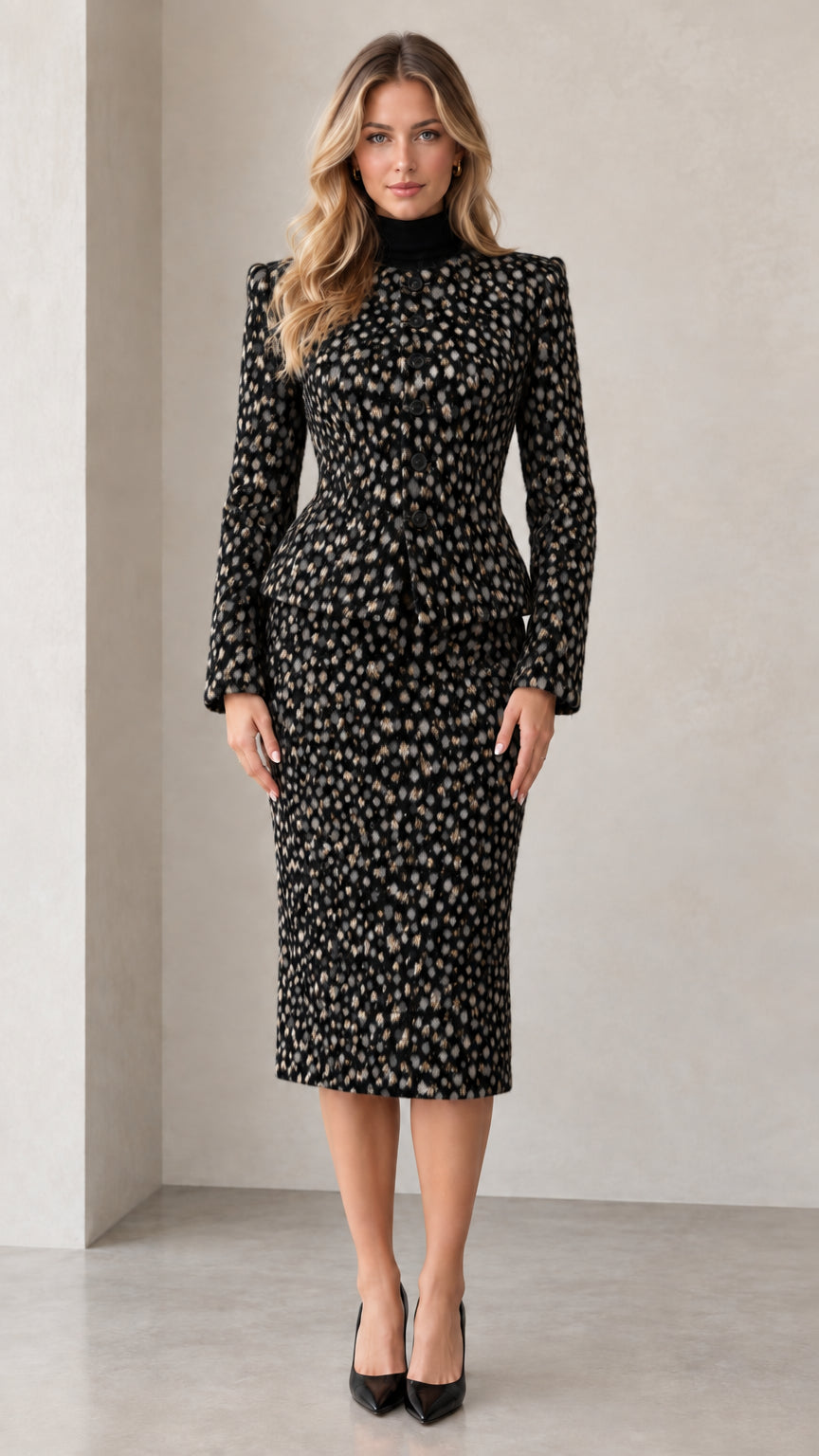 Front view of black speckled peplum blazer and midi skirt set