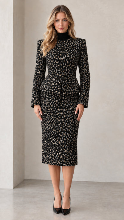 Front view of black speckled peplum blazer and midi skirt set
