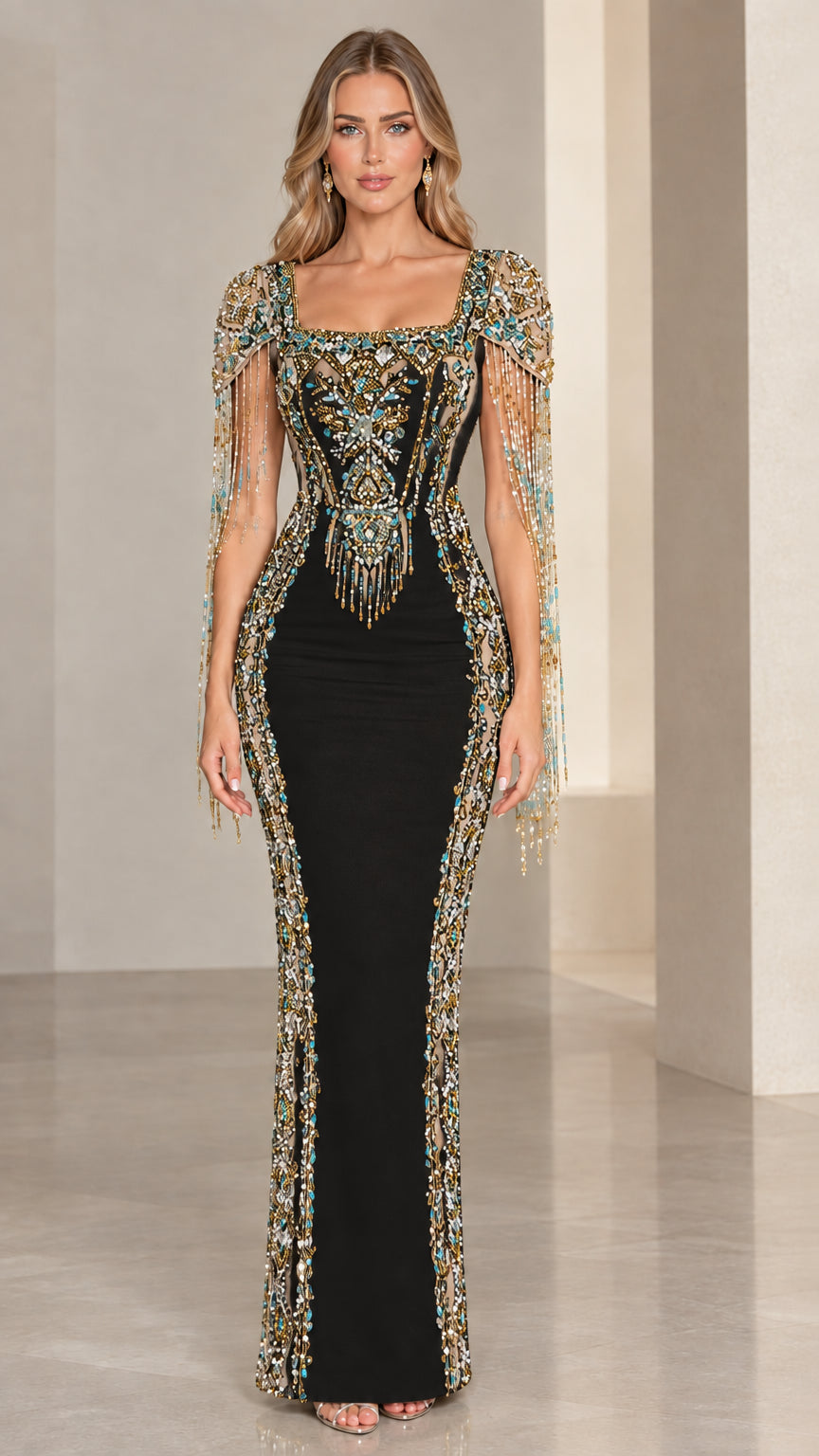 Front view of model wearing Black embellished square neck evening gown with beaded fringe sleeves