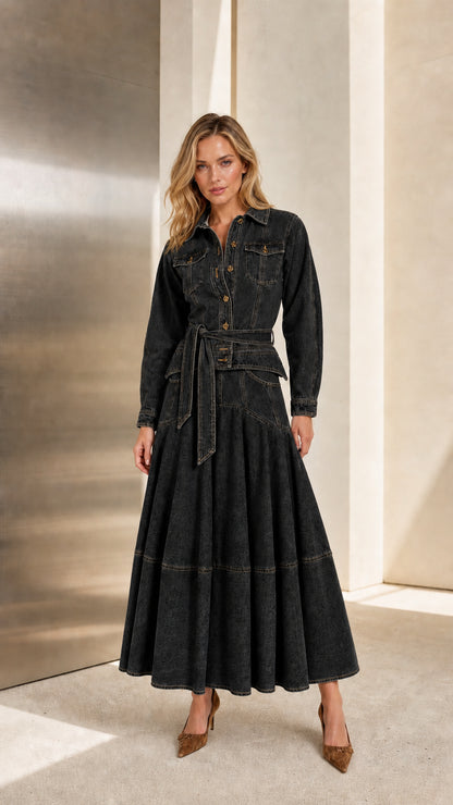 Front view of model wearing Washed Black long sleeve belted denim maxi dress