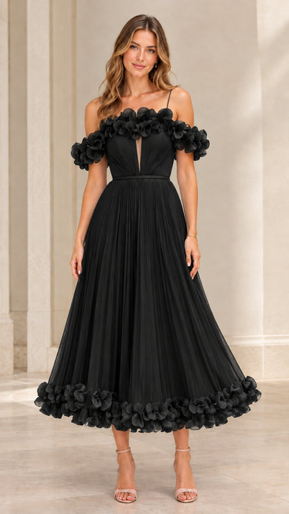 Full-length view of black 3D floral pleated tulle evening dress