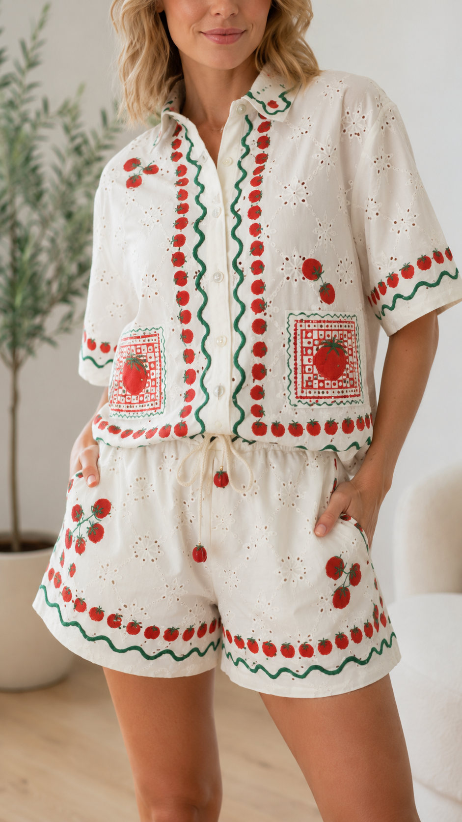 Close-up of ivory embroidered eyelet shirt and shorts set showing button front and pocket detail
