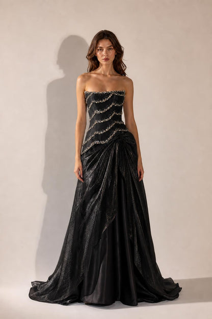 Front view of Black strapless beaded evening gown