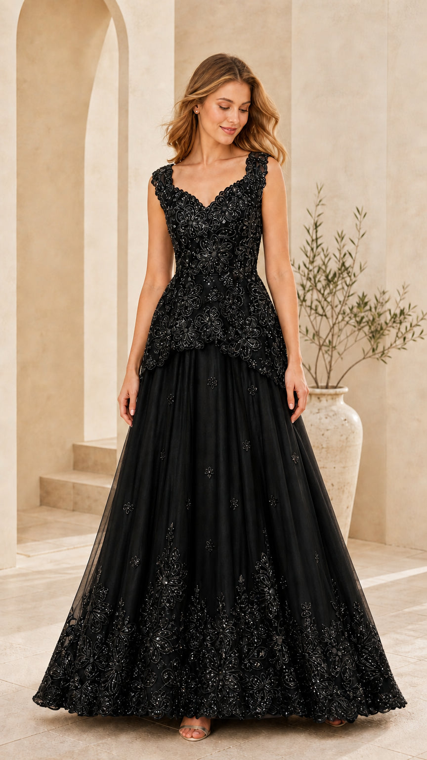 Front view of model wearing Black sequined peplum formal evening gown