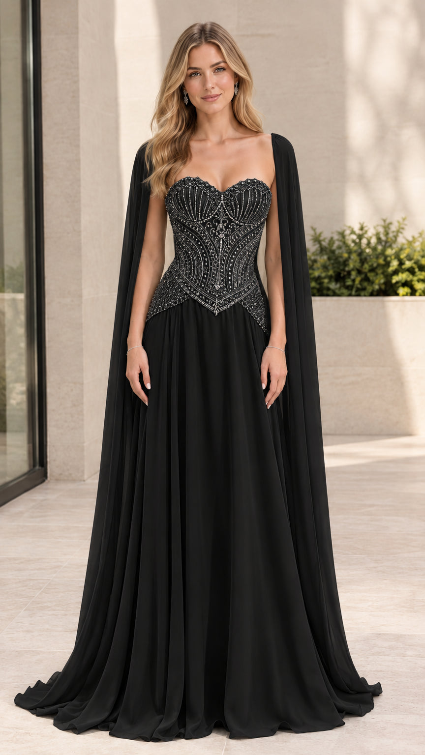 Front view of black beaded corset cape formal evening gown