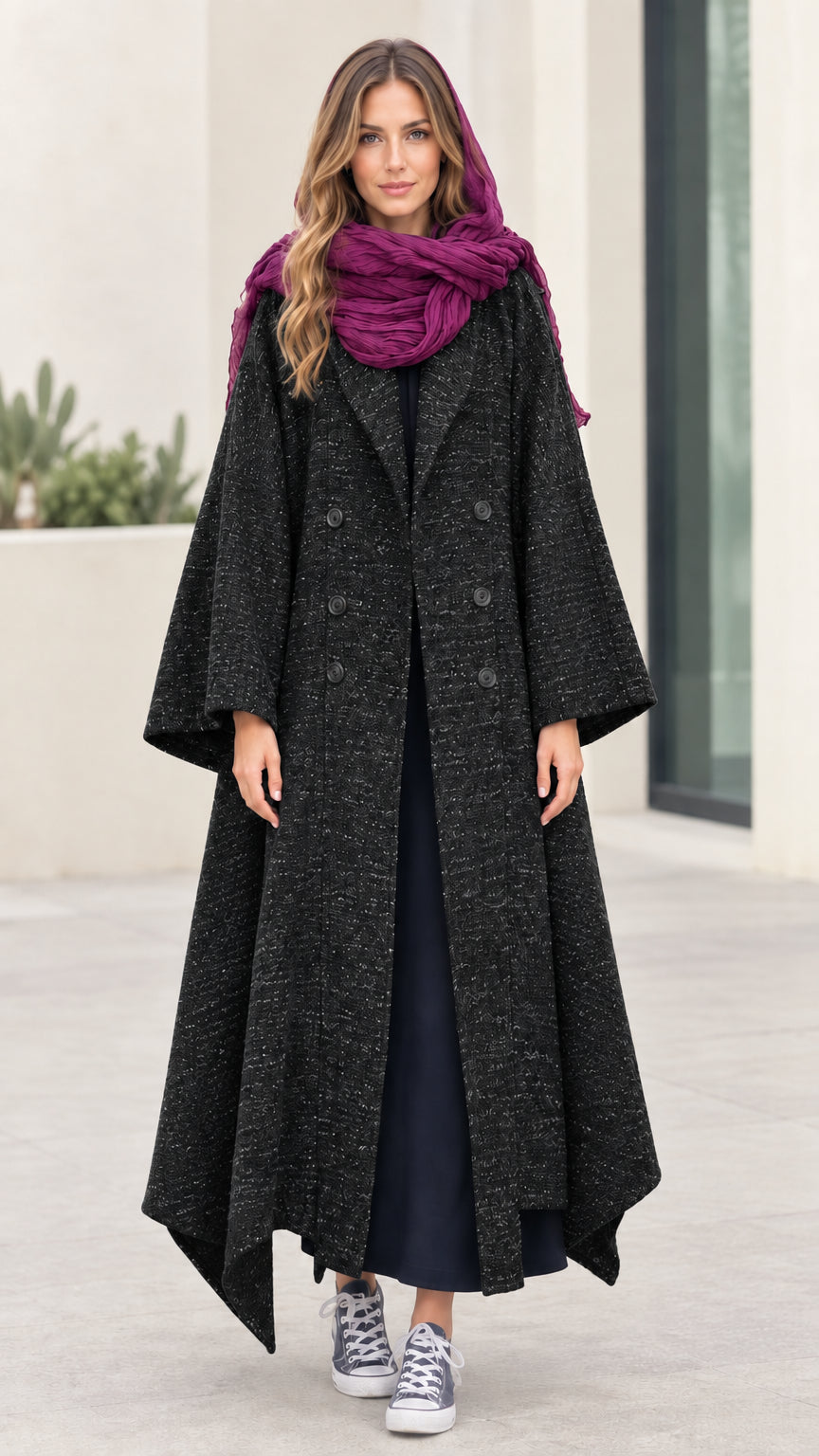 Full-length front view of Charcoal textured longline tweed coat