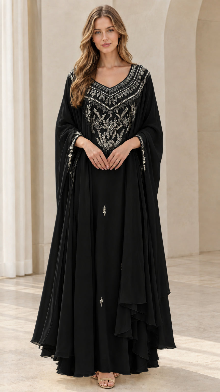 Black embroidered cape sleeve chiffon maxi evening kaftan dress