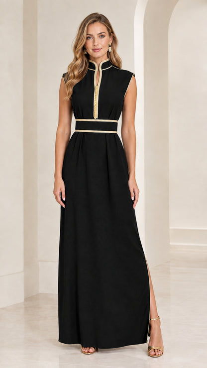 Front view of black sleeveless mandarin collar maxi dress with gold trim