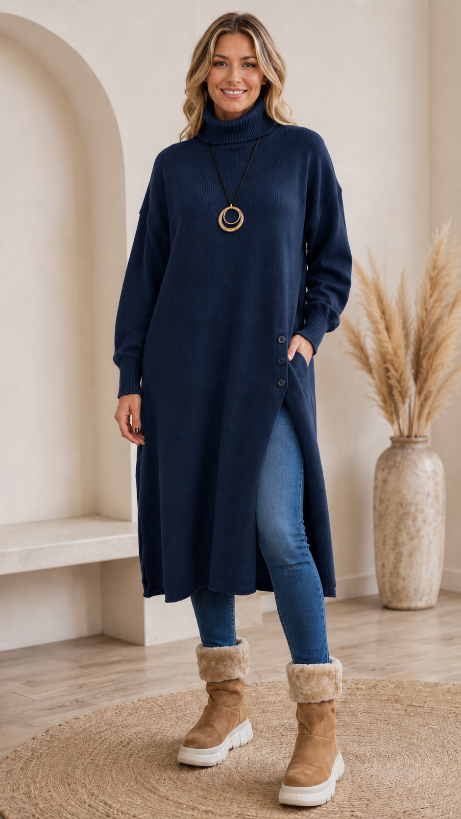 Navy turtleneck sweater midi dress with relaxed fit and side slit