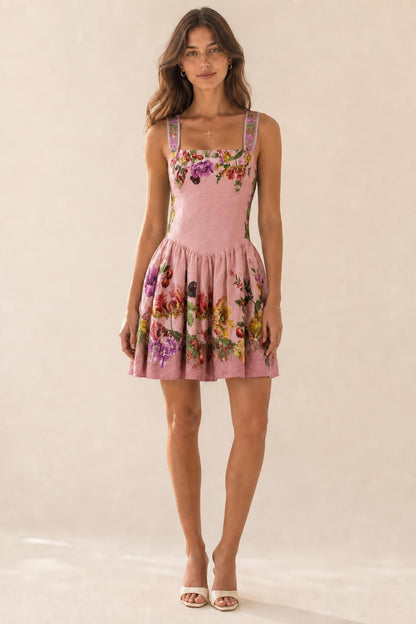 Front view of pink botanical print mini dress variant
