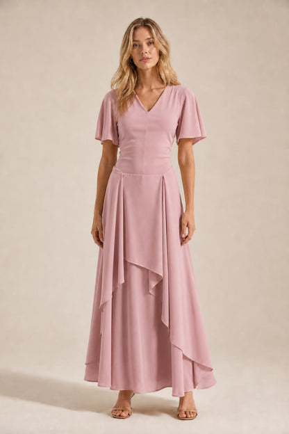 Front view of model wearing dusty pink V-neck flutter sleeve maxi dress