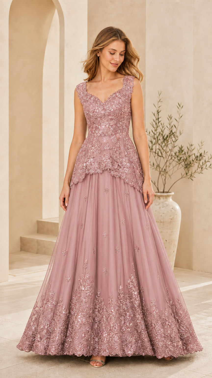 Front view of model wearing Dusty Rose beaded floral lace evening dress