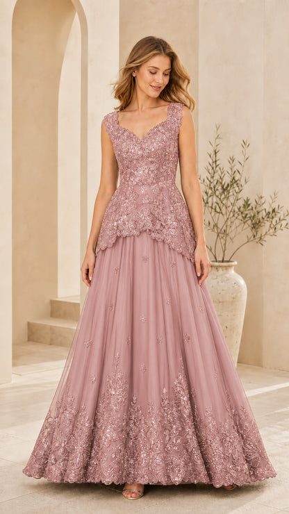 Front view of model wearing Dusty Rose beaded floral lace evening dress