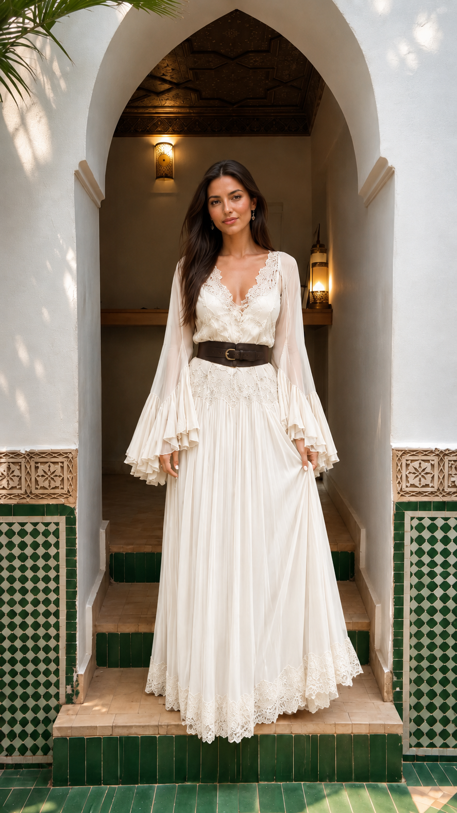 Front view of white lace trim pleated maxi dress with long bell sleeves and dark waist belt