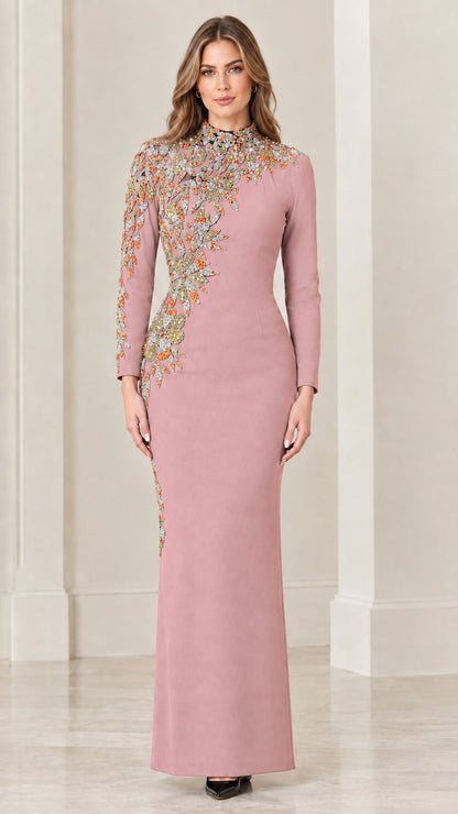 Front view of dusty rose long sleeve maxi gown with floral embroidery