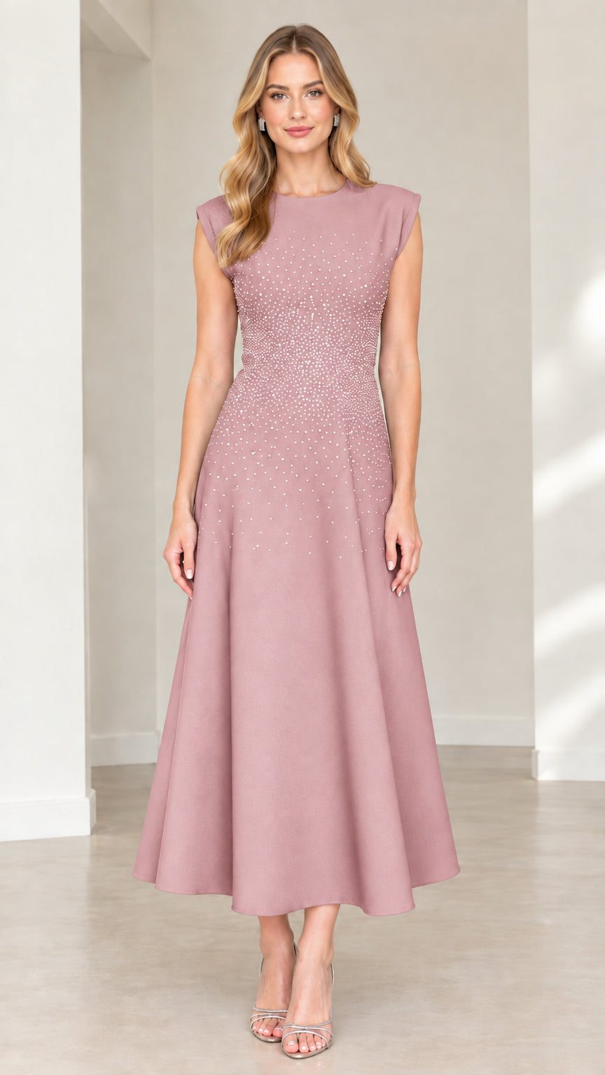 Front view of dusty rose rhinestone embellished A-line cocktail midi dress