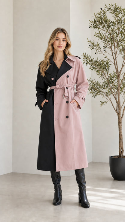 Woman wearing Black and Dusty Pink two-tone color block long trench coat