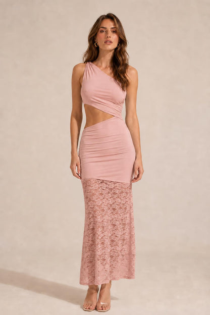 Front view of model wearing blush one-shoulder cutout lace maxi dress