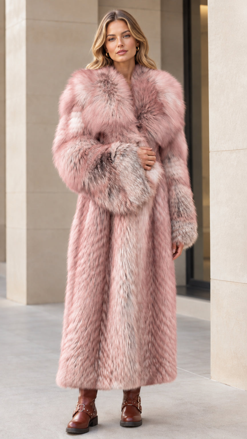 Front view of woman wearing dusty pink plush faux fur maxi overcoat