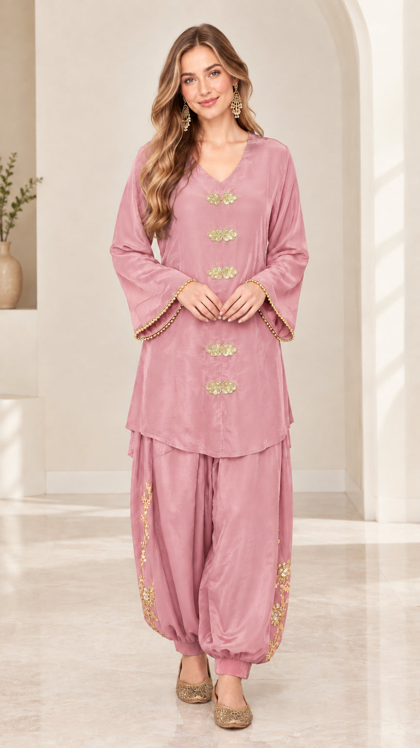 Full front view of dusty pink satin embroidered tunic and salwar co-ord set