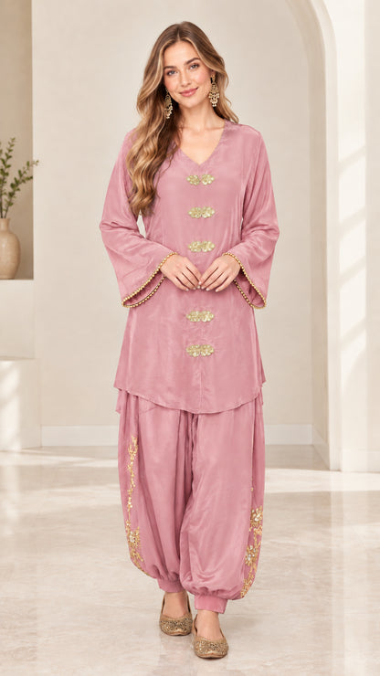 Full front view of dusty pink satin embroidered tunic and salwar co-ord set