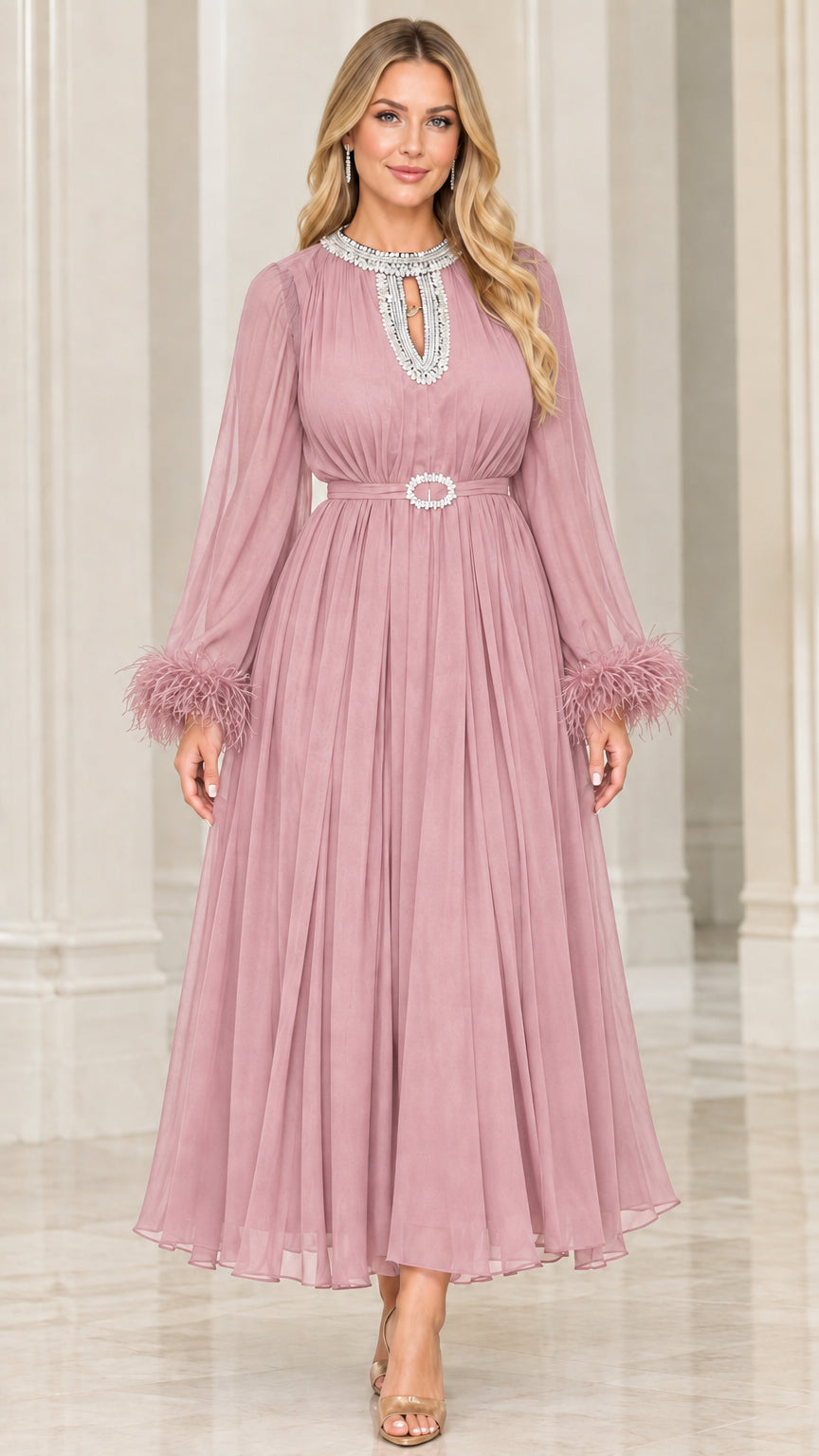 Dusty rose pink pleated chiffon evening maxi dress with feather cuffs
