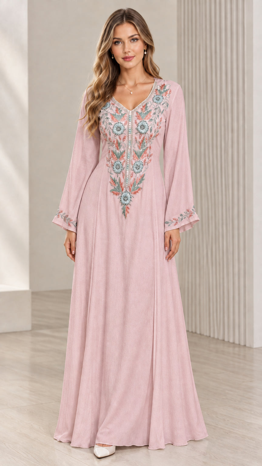 Dusty Pink embroidered V-neck long sleeve formal maxi dress