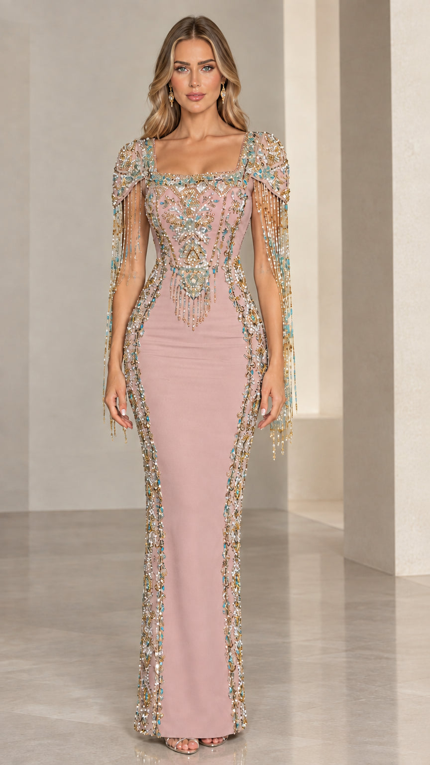 Front view of model wearing Dusty Pink embellished square neck evening gown with beaded fringe sleeves