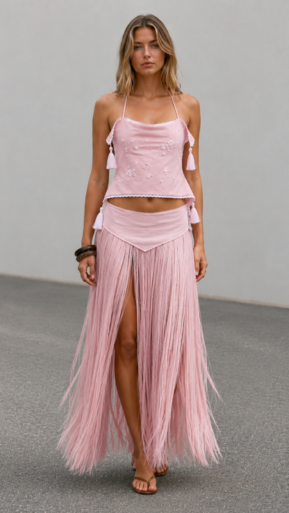 Front view of blush pink fringe skirt set with matching halter-style top