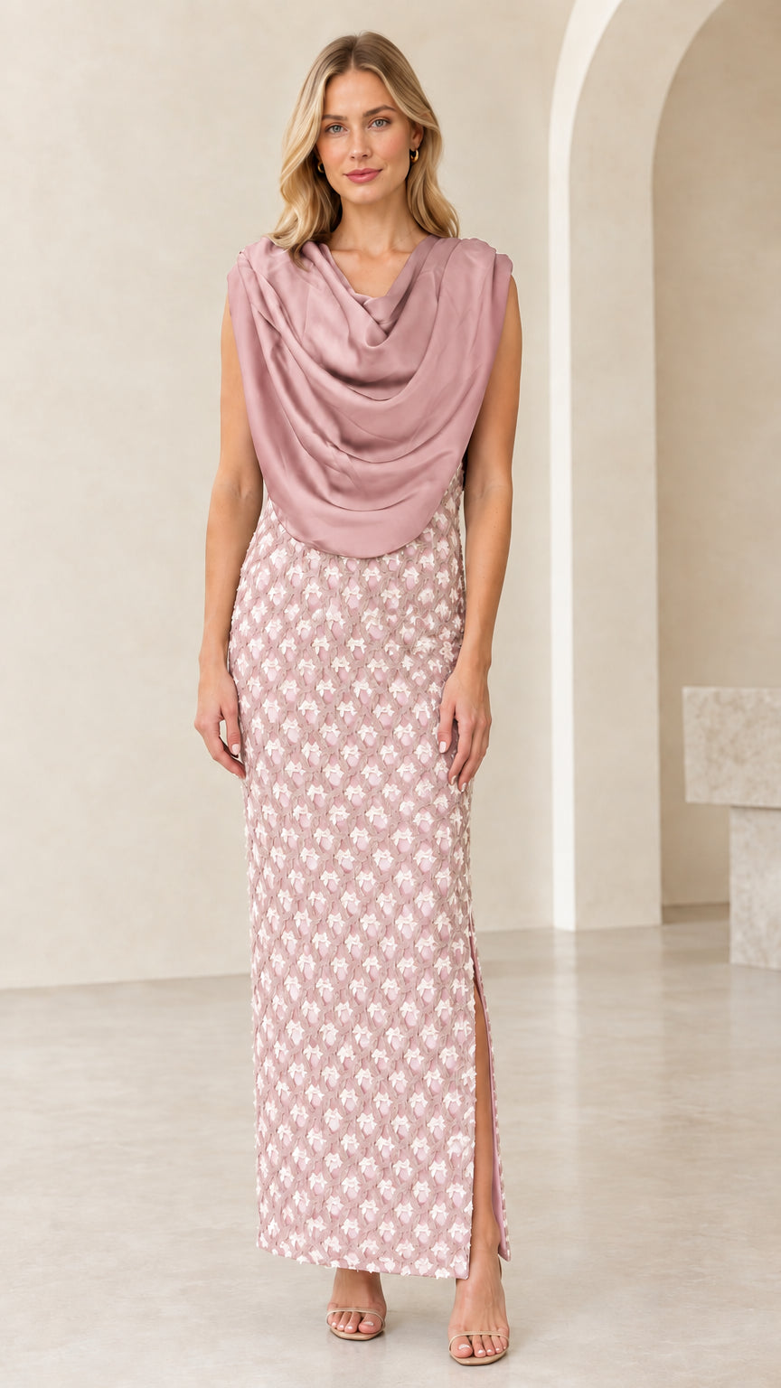 Dusty Pink draped cowl neck textured evening gown front view
