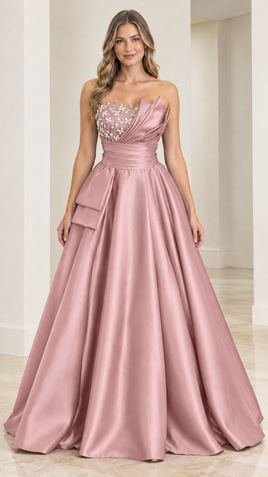 Front view of dusty rose strapless embellished satin evening ball gown