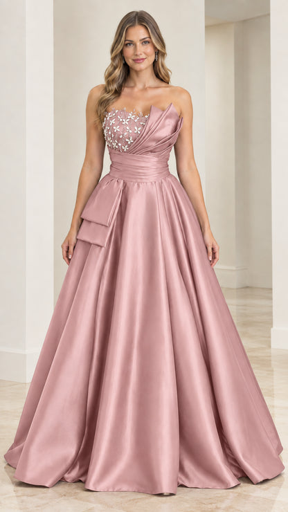 Front view of dusty rose strapless embellished satin evening ball gown