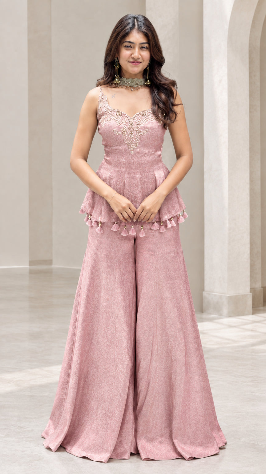 Front view of woman wearing dusty pink embroidered peplum sharara pants set