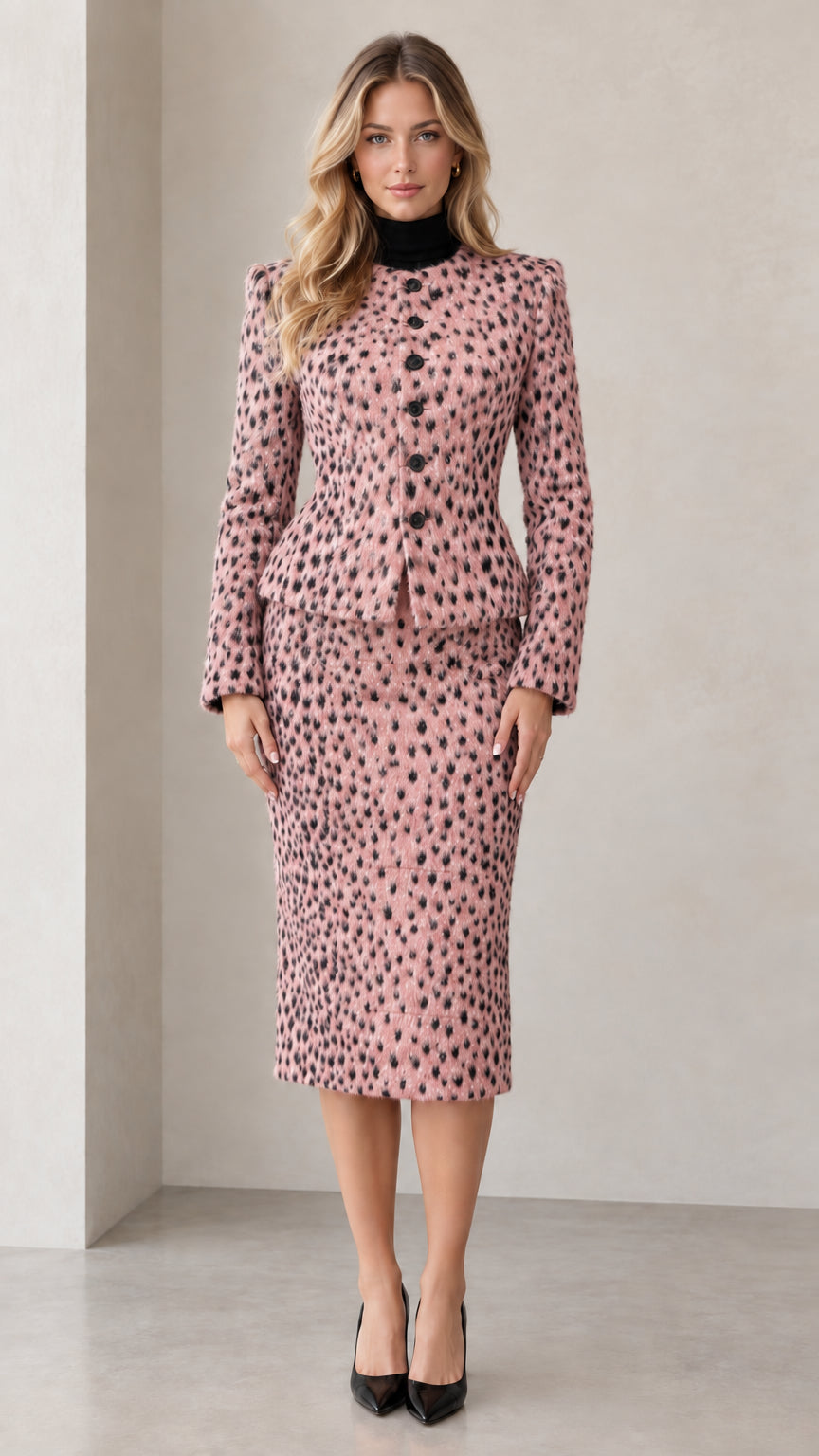 Front view of dusty pink speckled peplum jacket and midi skirt set