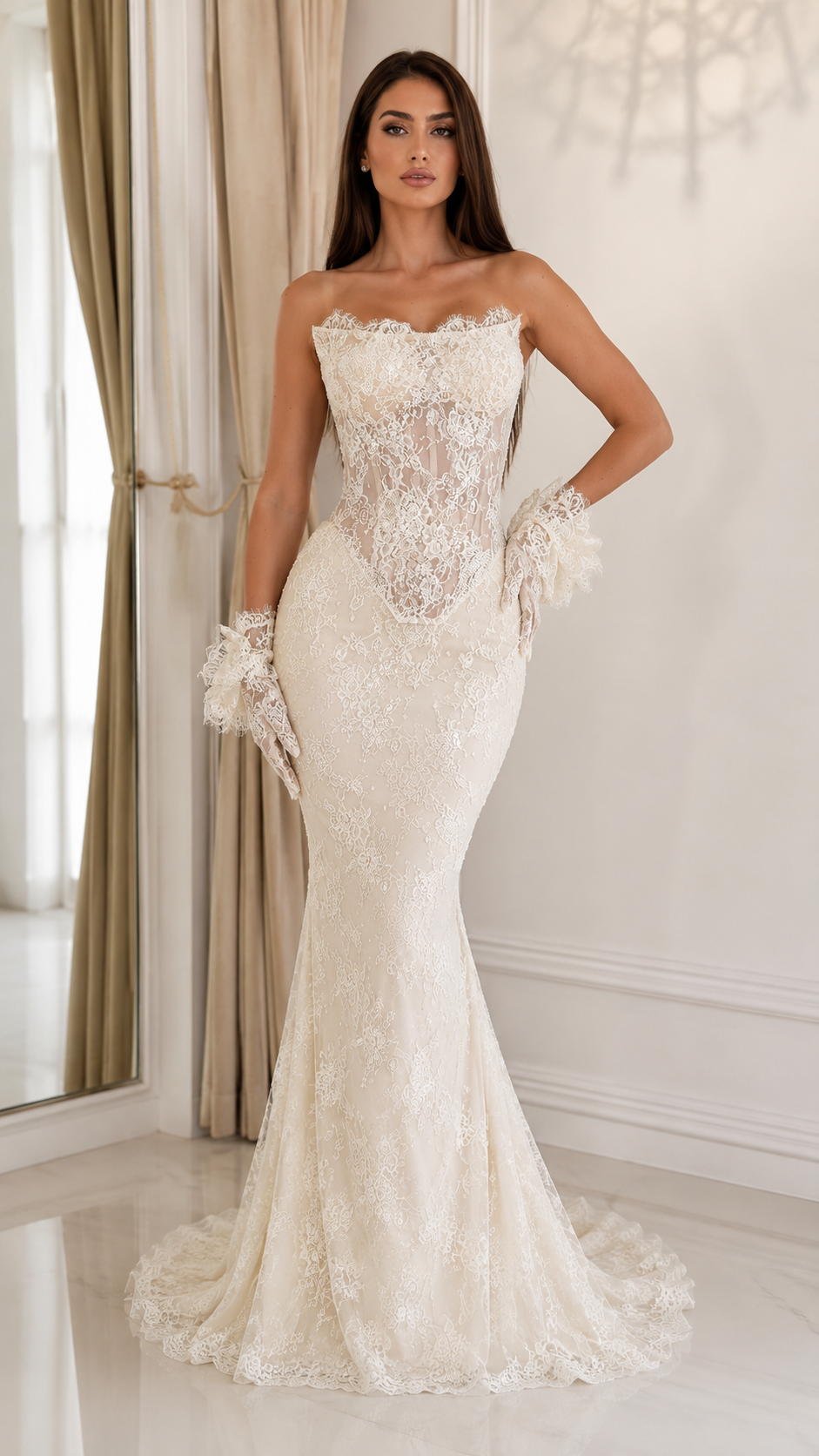 Front view of ivory strapless lace mermaid formal gown with fitted silhouette and lace gloves