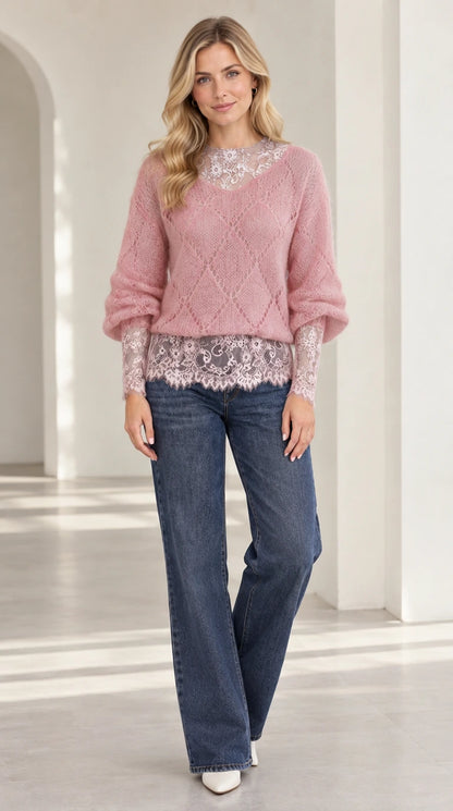 Model wearing dusty pink fluffy knit sweater with matching lace hem and cuffs