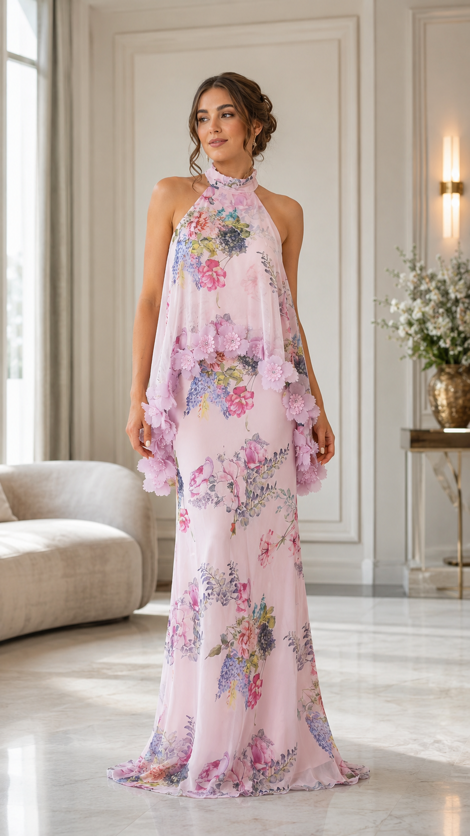 Full-length front view of blush pink floral halter maxi dress with flowing layered silhouette
