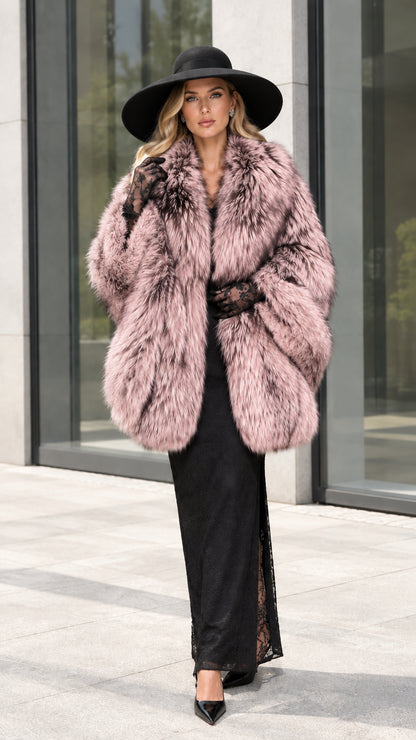 Full front view of model wearing Dusty Pink plush faux fur cocoon coat