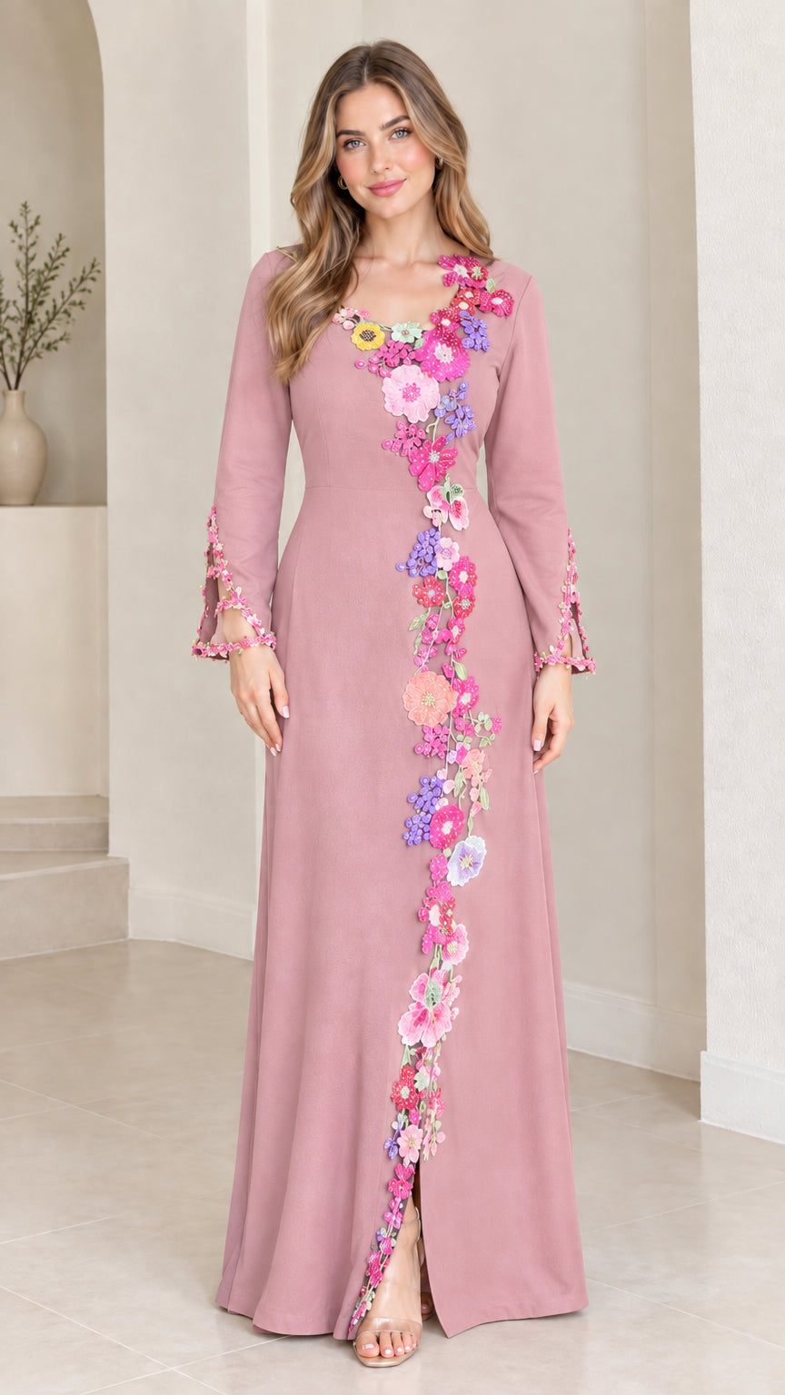 Dusty pink long sleeve formal maxi dress with floral embroidery