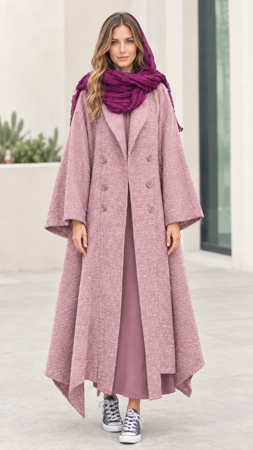 Full-length front view of Dusty Pink textured maxi coat with wide sleeves