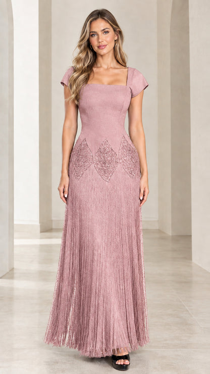 Dusty rose pink cap sleeve square neck beaded fringe evening gown