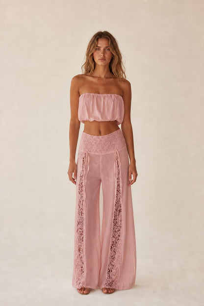 Front view of the pink color variant two-piece set