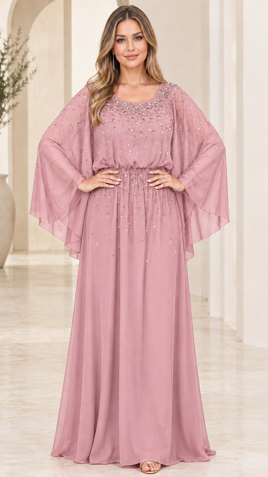 Dusty pink beaded cape sleeve chiffon maxi gown