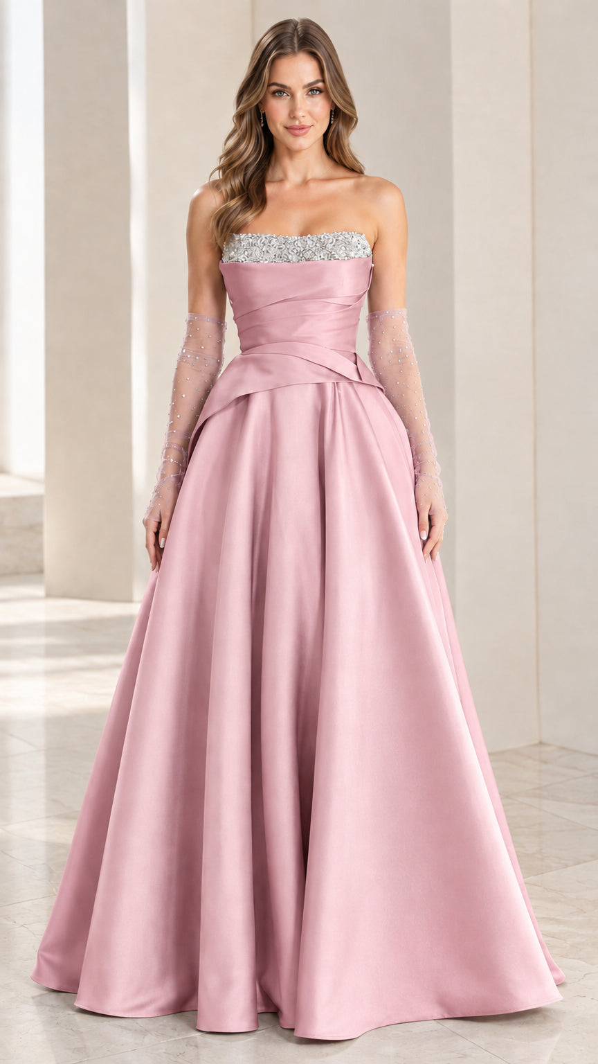 Blush pink strapless satin evening gown with ruched waist overlay