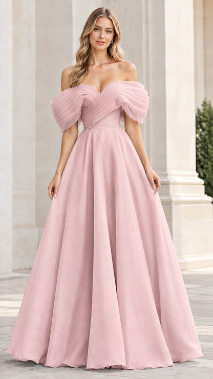 Model wearing a blush pink off-the-shoulder pleated formal gown