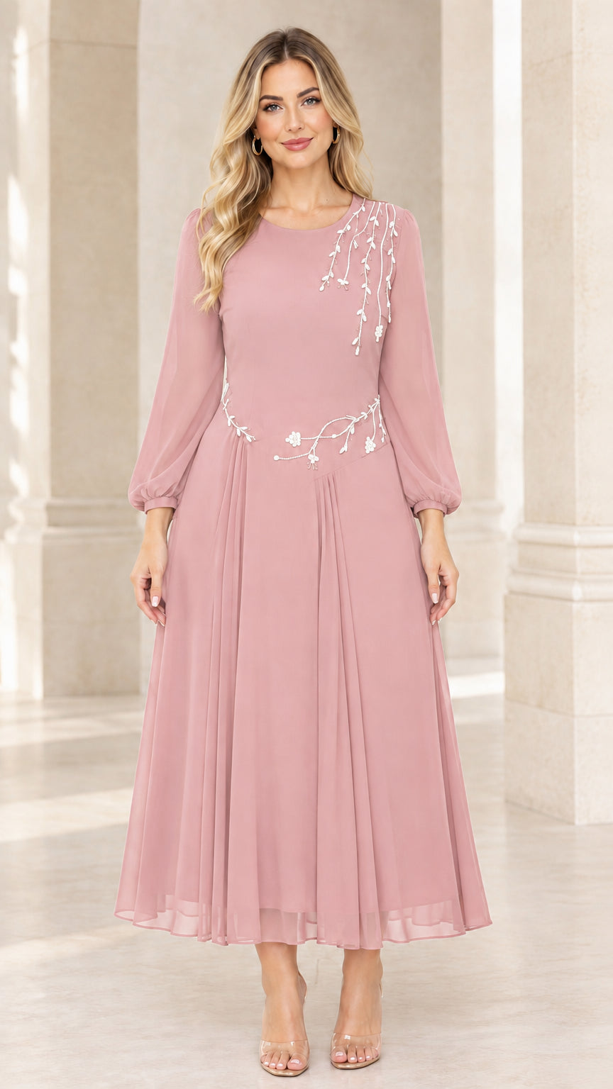 Dusty pink long sleeve chiffon midi dress with rhinestone waist and shoulder detailing