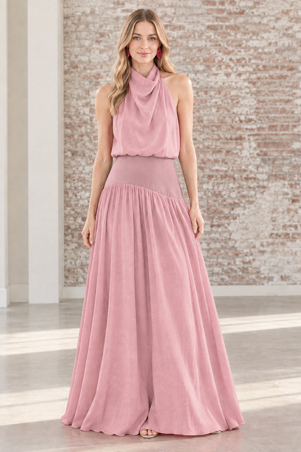 Dusty pink draped halter neck backless formal maxi dress